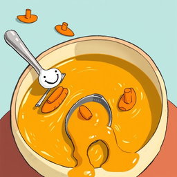 In a whimsical cartoon setting, a vibrant bowl of thick soup features little boats made of bright orange carrots floating across the surface