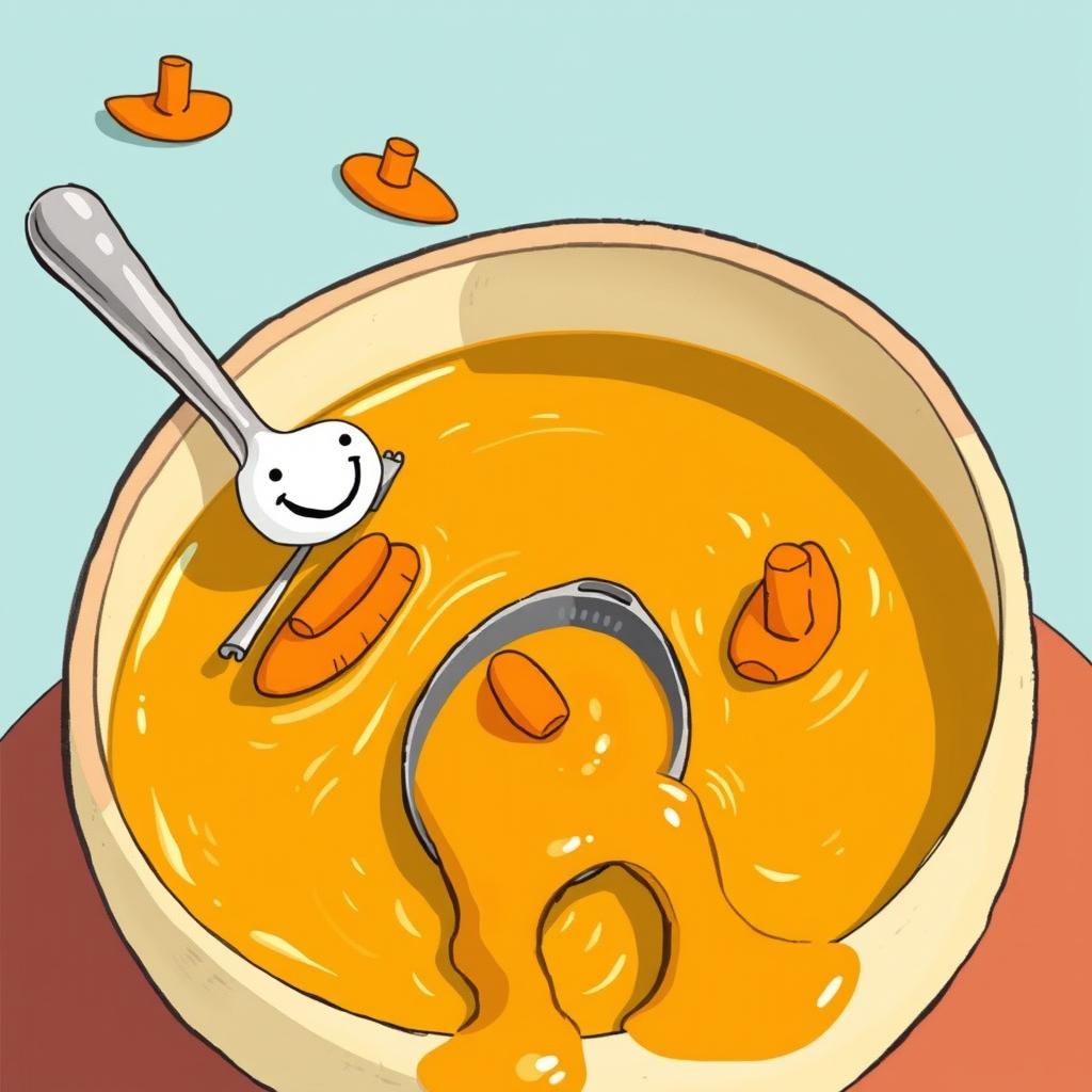 In a whimsical cartoon setting, a vibrant bowl of thick soup features little boats made of bright orange carrots floating across the surface
