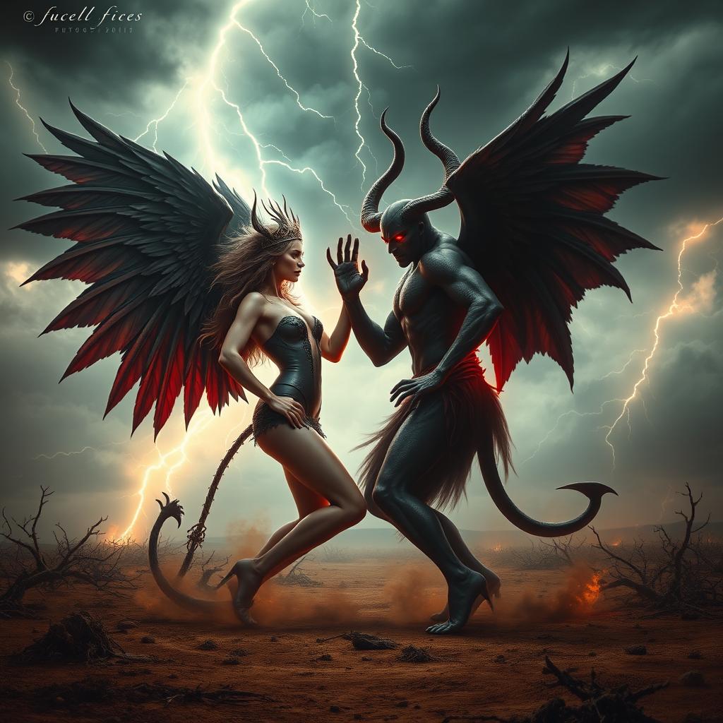 A dramatic and intense showdown between two powerful figures representing Lucifer and Satan, depicted as dark, alluring characters with contrasting features