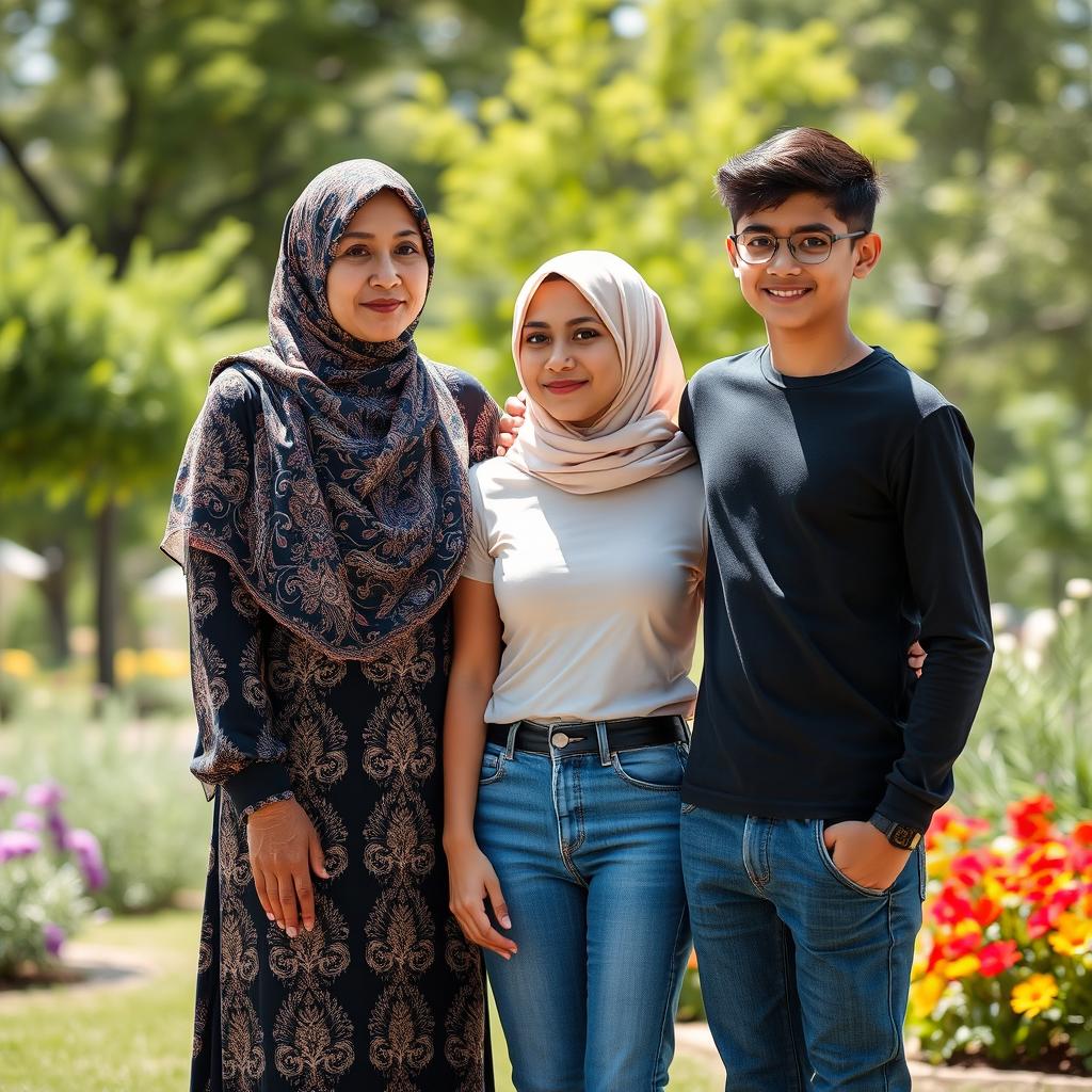 A respectful and heartwarming scene featuring a 40-year-old mother wearing a beautifully patterned hijab, standing beside her 20-year-old son and her 16-year-old daughter