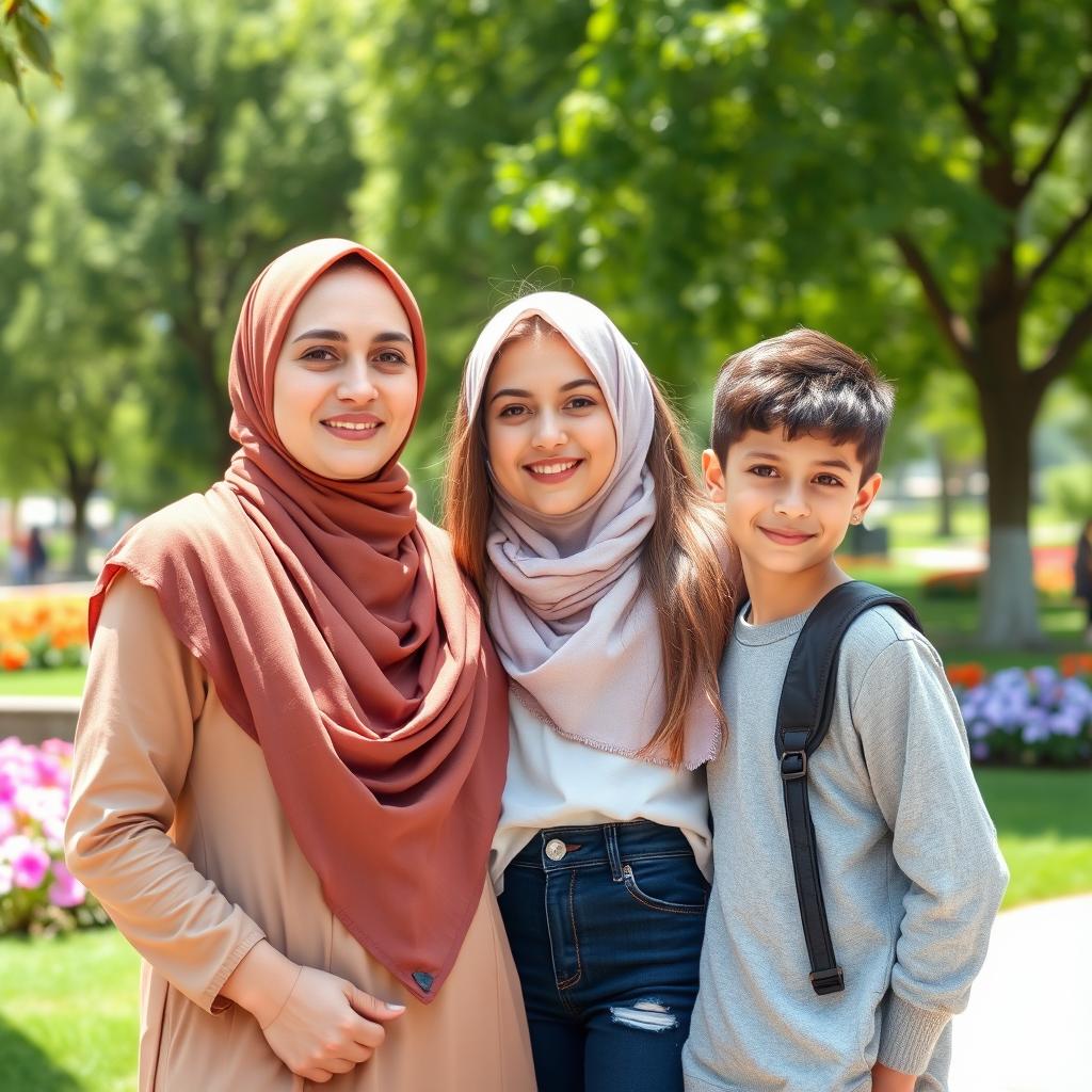 A forty-year-old mother wearing a stylish hijab stands proudly next to her twenty-year-old daughter and sixteen-year-old son, showcasing a beautiful family bond