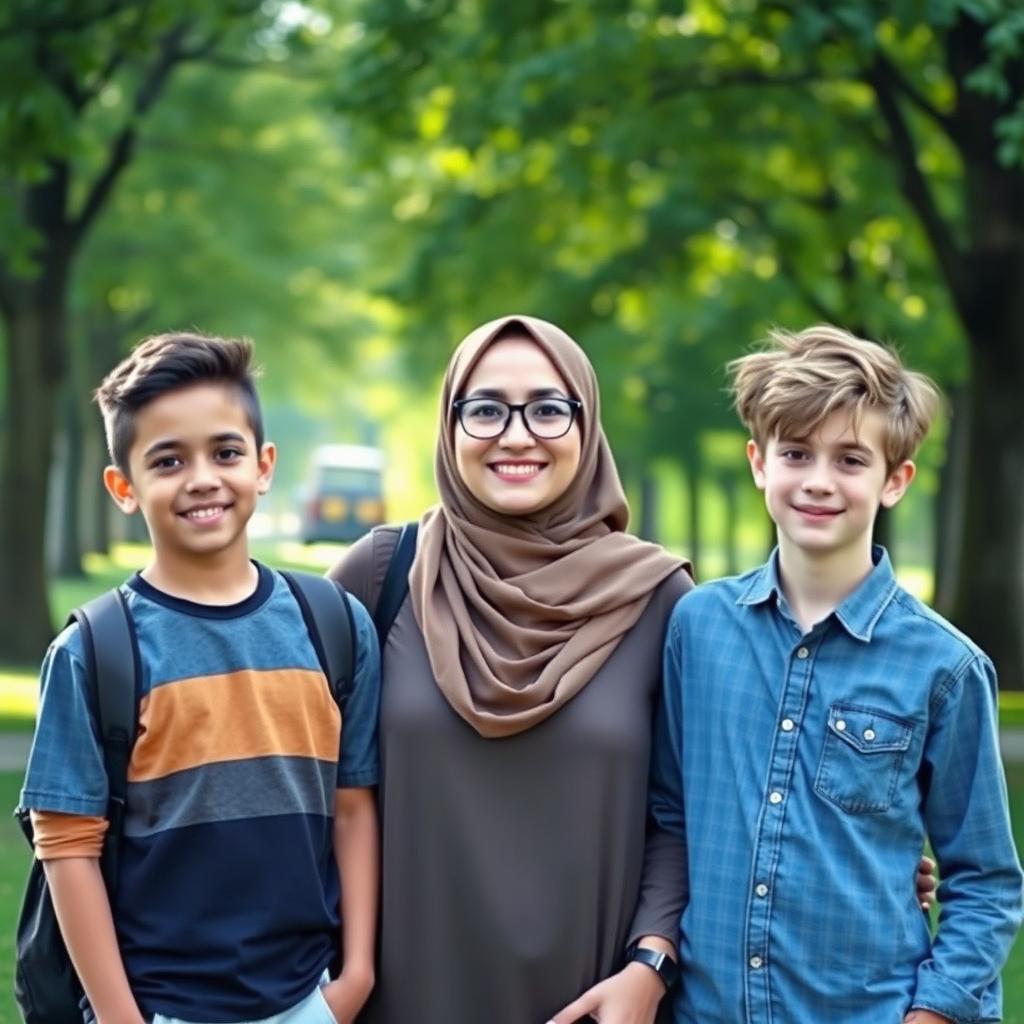 A 40-year-old mother wearing a stylish hijab, exuding warmth and affection, standing with two teenage boys