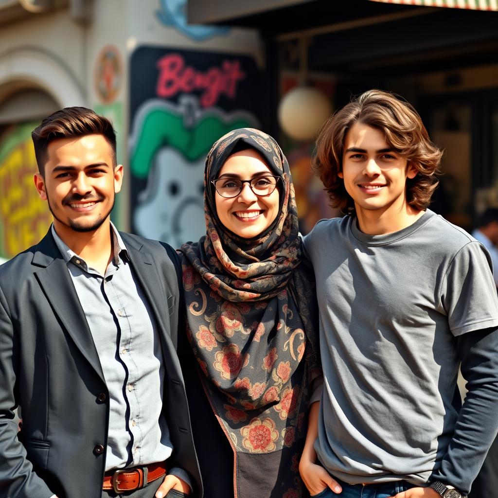 A 40-year-old mother wearing a beautifully patterned hijab, standing proudly between two 20-year-old young men