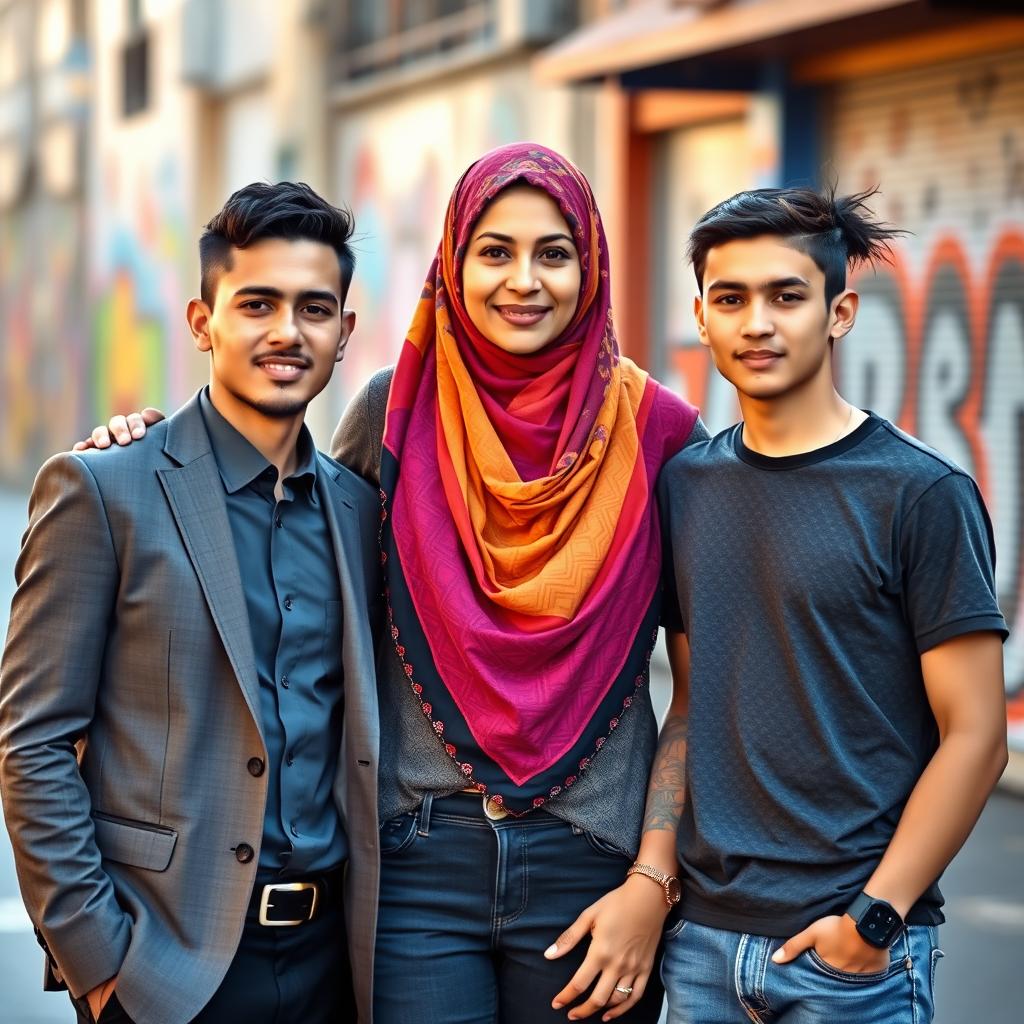 A 40-year-old mother wearing a vibrant hijab, standing confidently between two 20-year-old young men