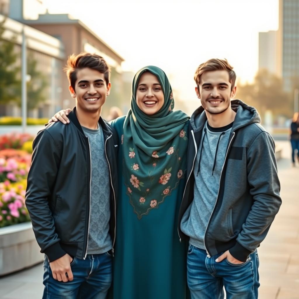 A 40-year-old mother wearing a beautifully designed hijab, standing with two 20-year-old young men beside her