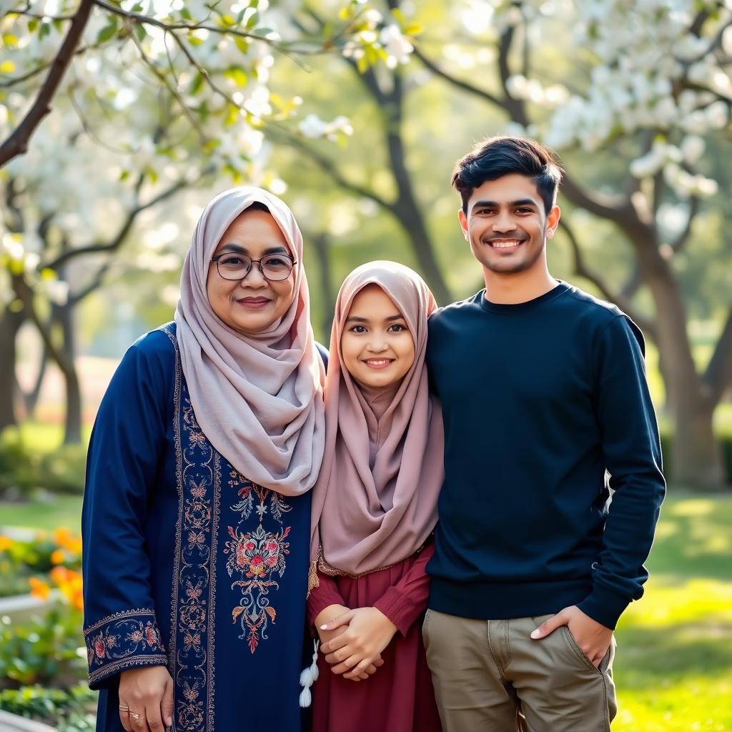 A short mother wearing a beautifully embroidered hijab, standing lovingly beside her veiled daughter, who is also wearing a stylish hijab that complements her look