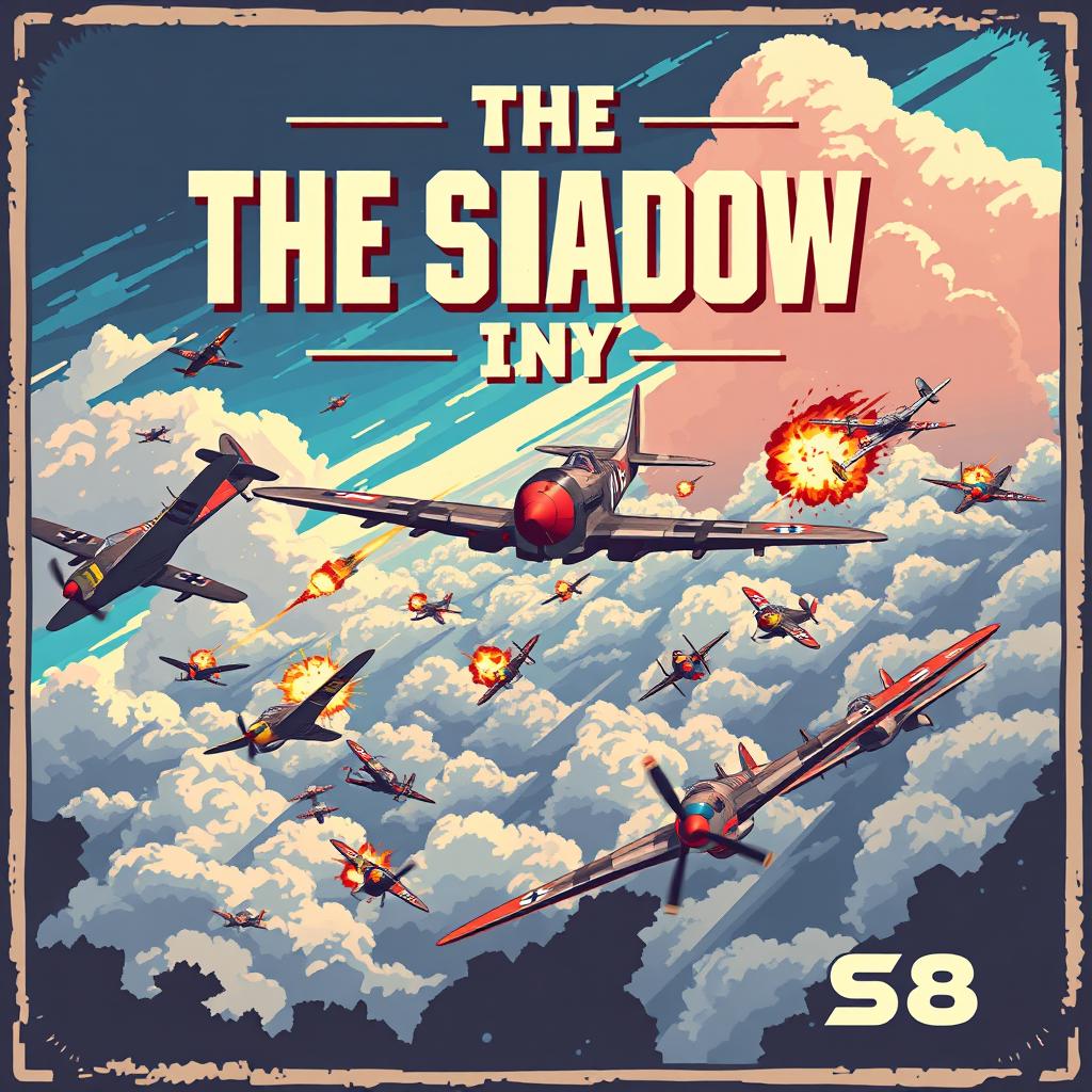 A vintage-style poster for a WWII pixel art airplane game titled 'THE SHADOW IN SKY'