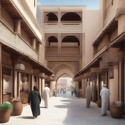 Architectural design of a traditional souq with a central axis. The souq features regional architecture, bustling vendors, and an intricate pathway lined with vibrant stalls.