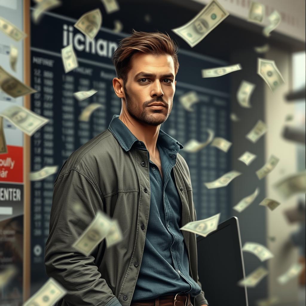 A realistic portrait of a man with distinct features standing next to a betting platform labeled 'ichancy', with bills and dollar notes swirling around him