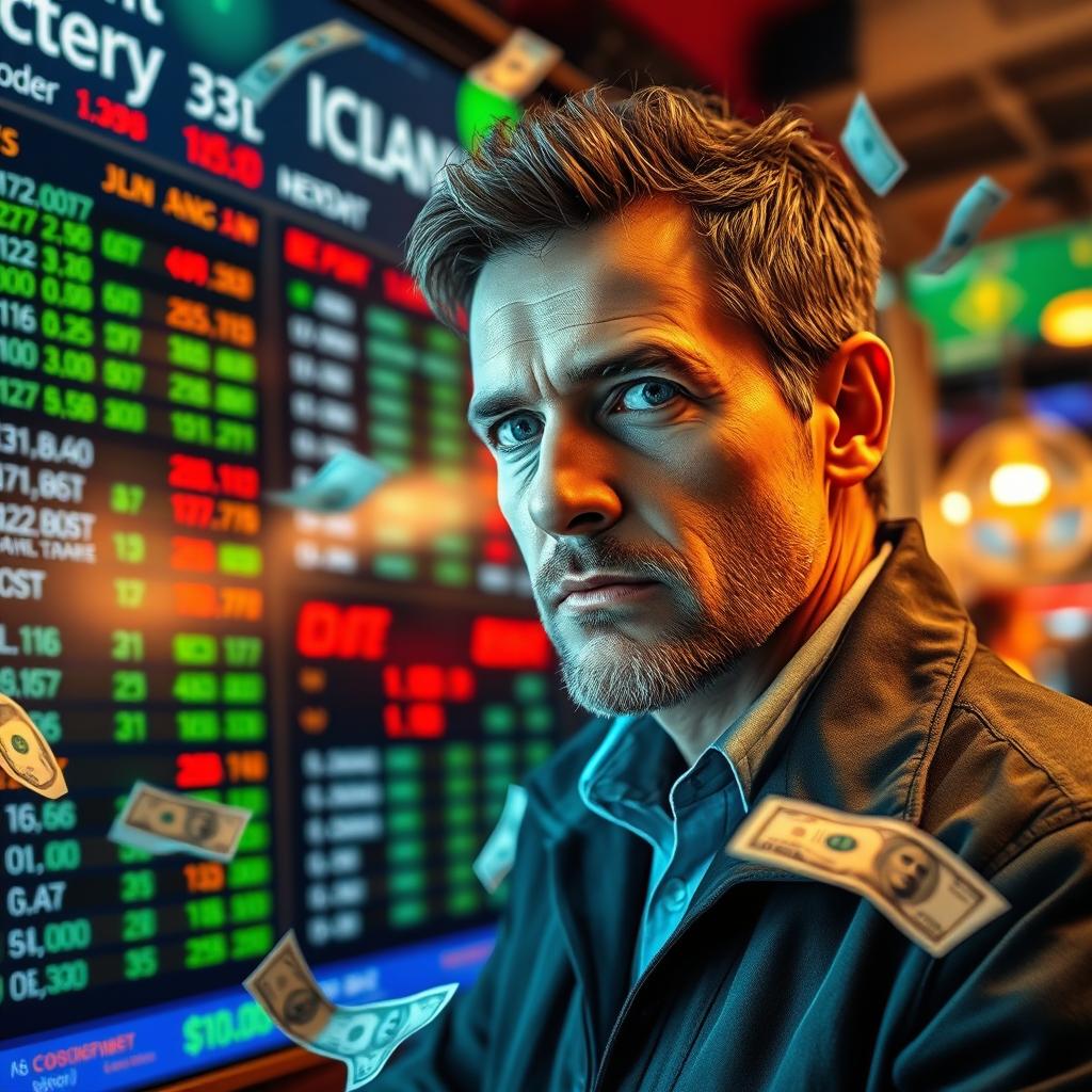 A realistic portrait of a man with authentic features, standing next to an 'Ichancy' betting screen displaying various odds and markets