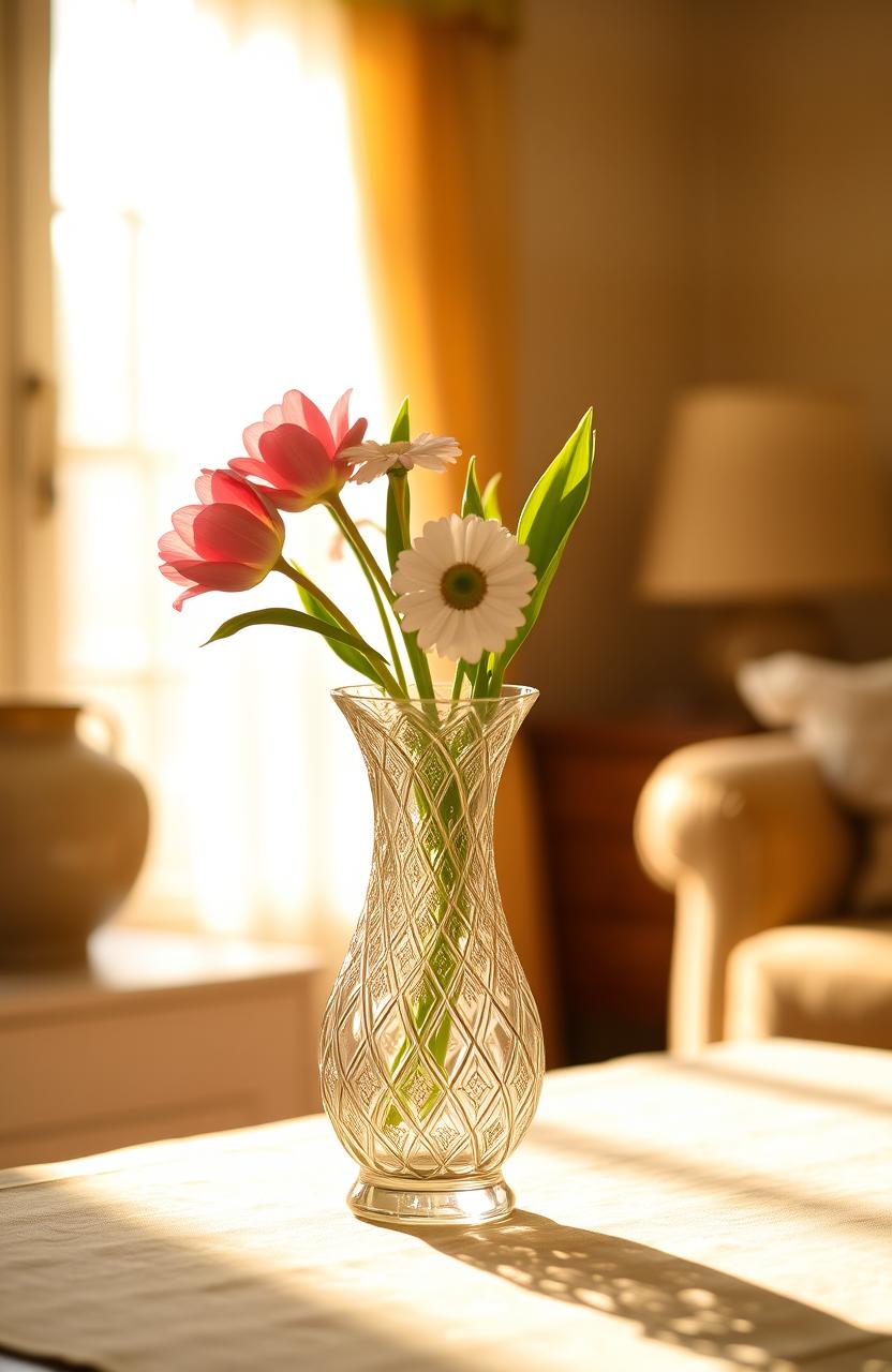 A beautifully crafted vase positioned in a sunlit room, with sunlight streaming through a nearby window and casting warm golden rays onto the vase