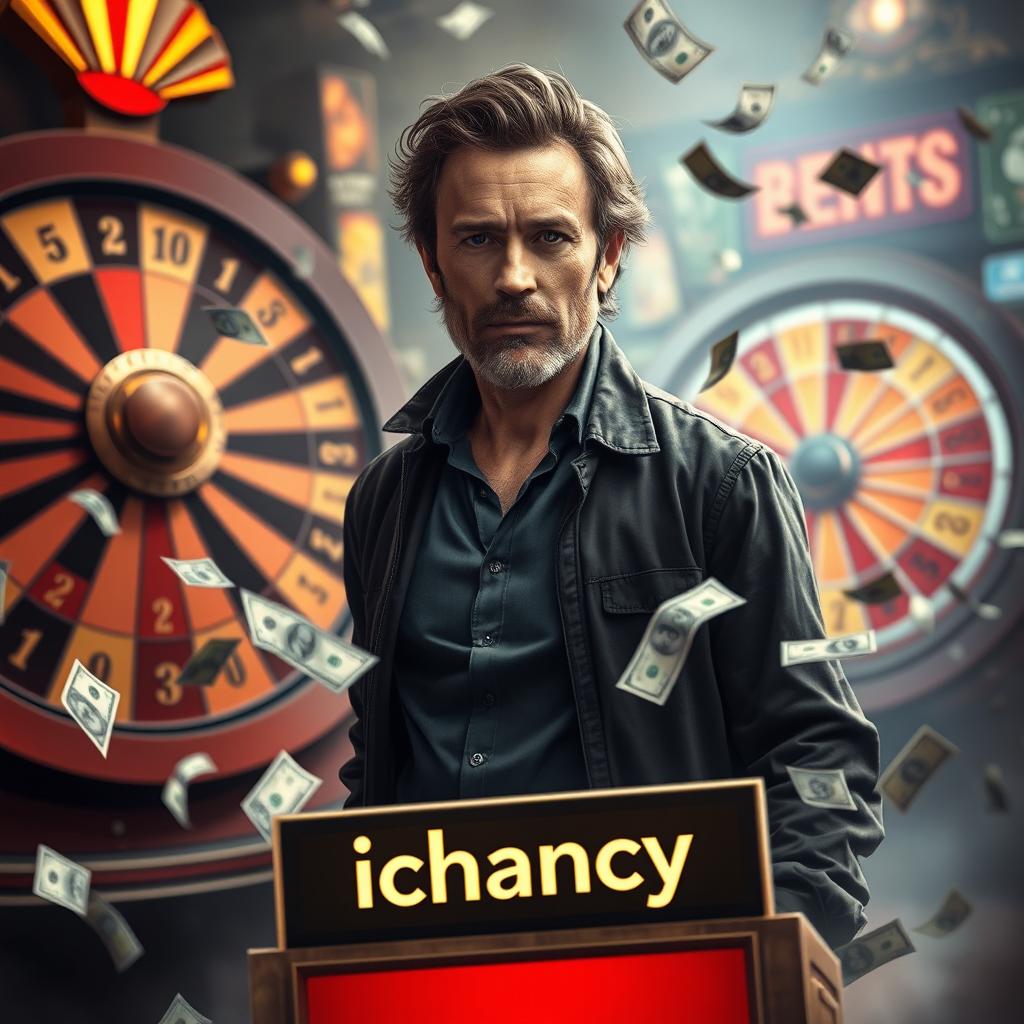 A realistic portrait of a man with authentic features, standing next to an open betting platform labeled 'ichancy'