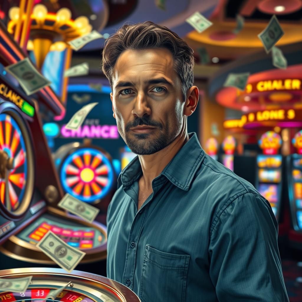 A realistic portrait of a man with lifelike features standing next to an IChancy betting station, surrounded by flying money and dollar bills