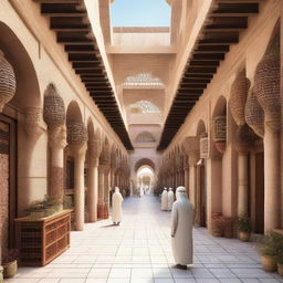 Architectural design of a traditional souq with a central axis. The souq features regional architecture, bustling vendors, and an intricate pathway lined with vibrant stalls.