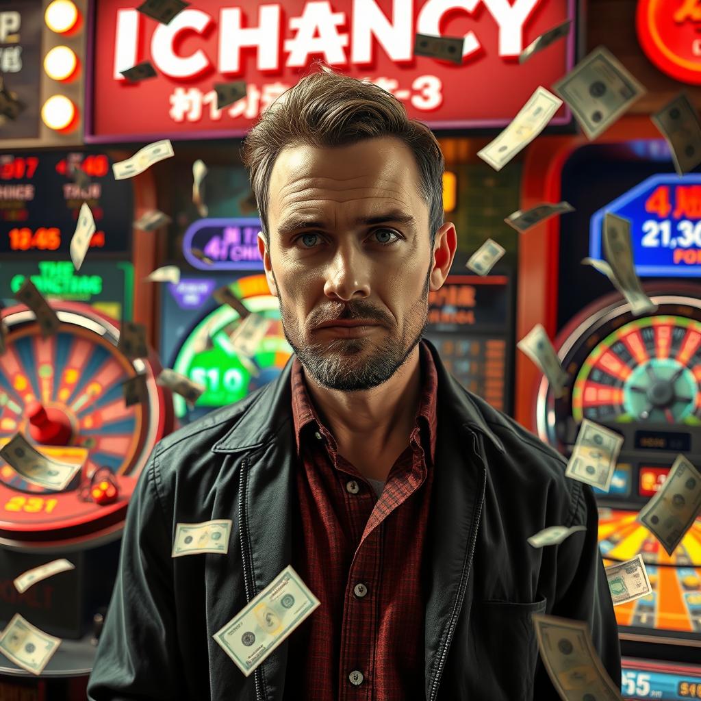 A highly realistic image of a man with genuine features standing next to an IChancy betting booth