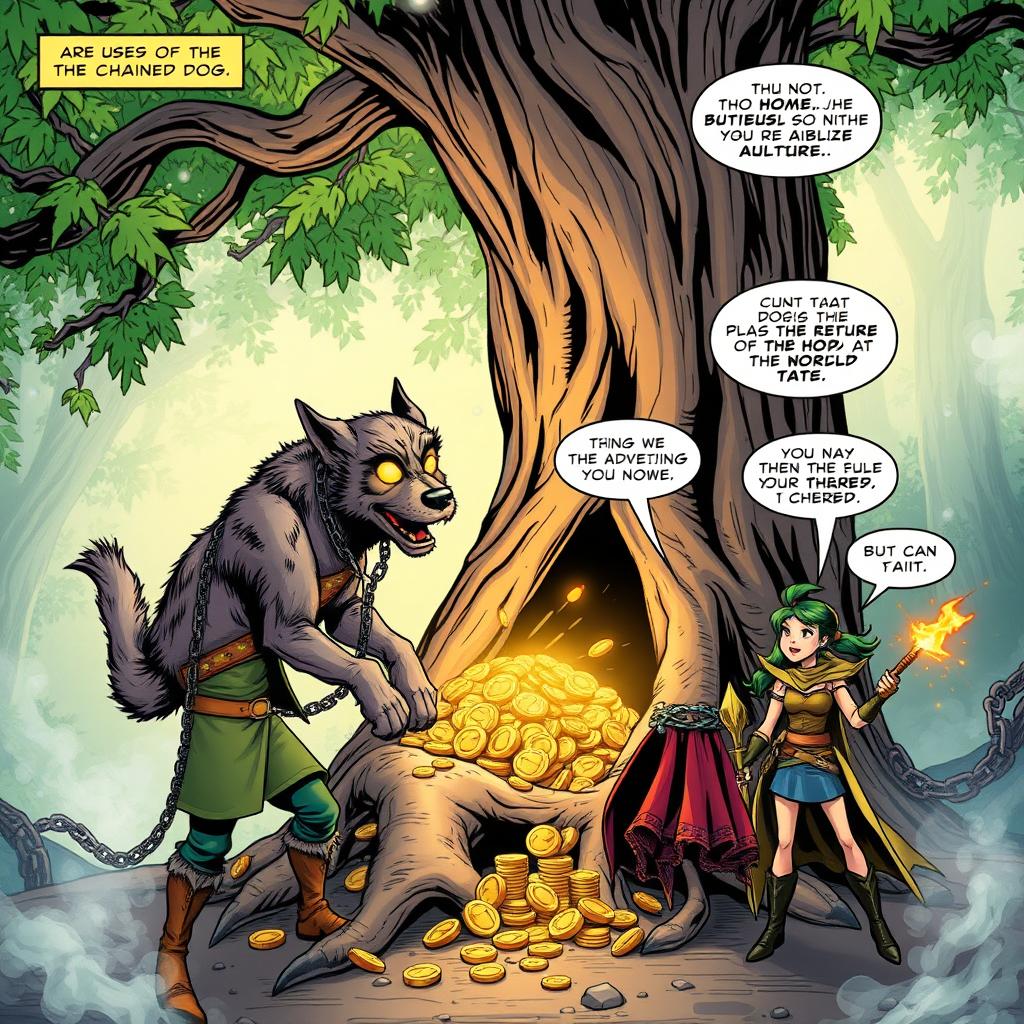 Create a visually striking comic book page depicting the legend of "The Chained Dog