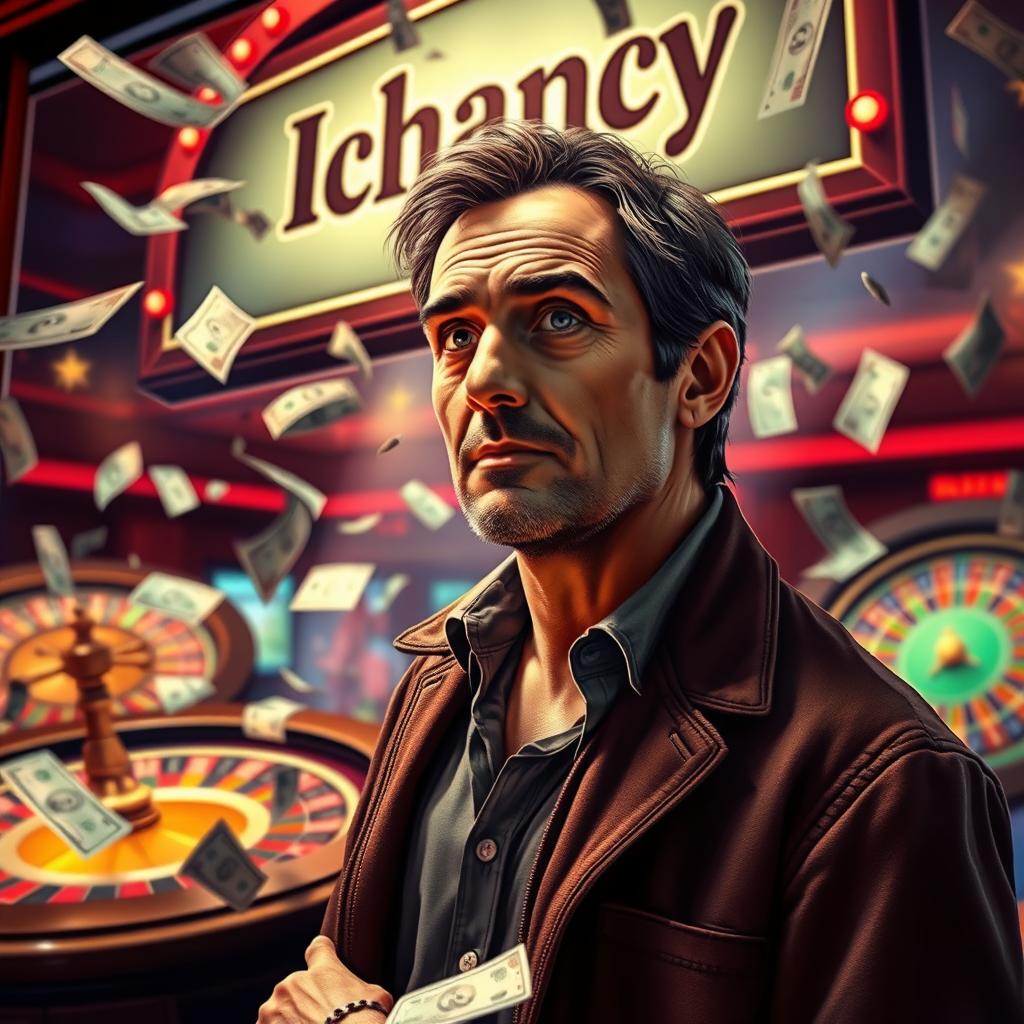 A realistic depiction of a man with authentic features standing beside a giant betting window labeled 'Ichancy'