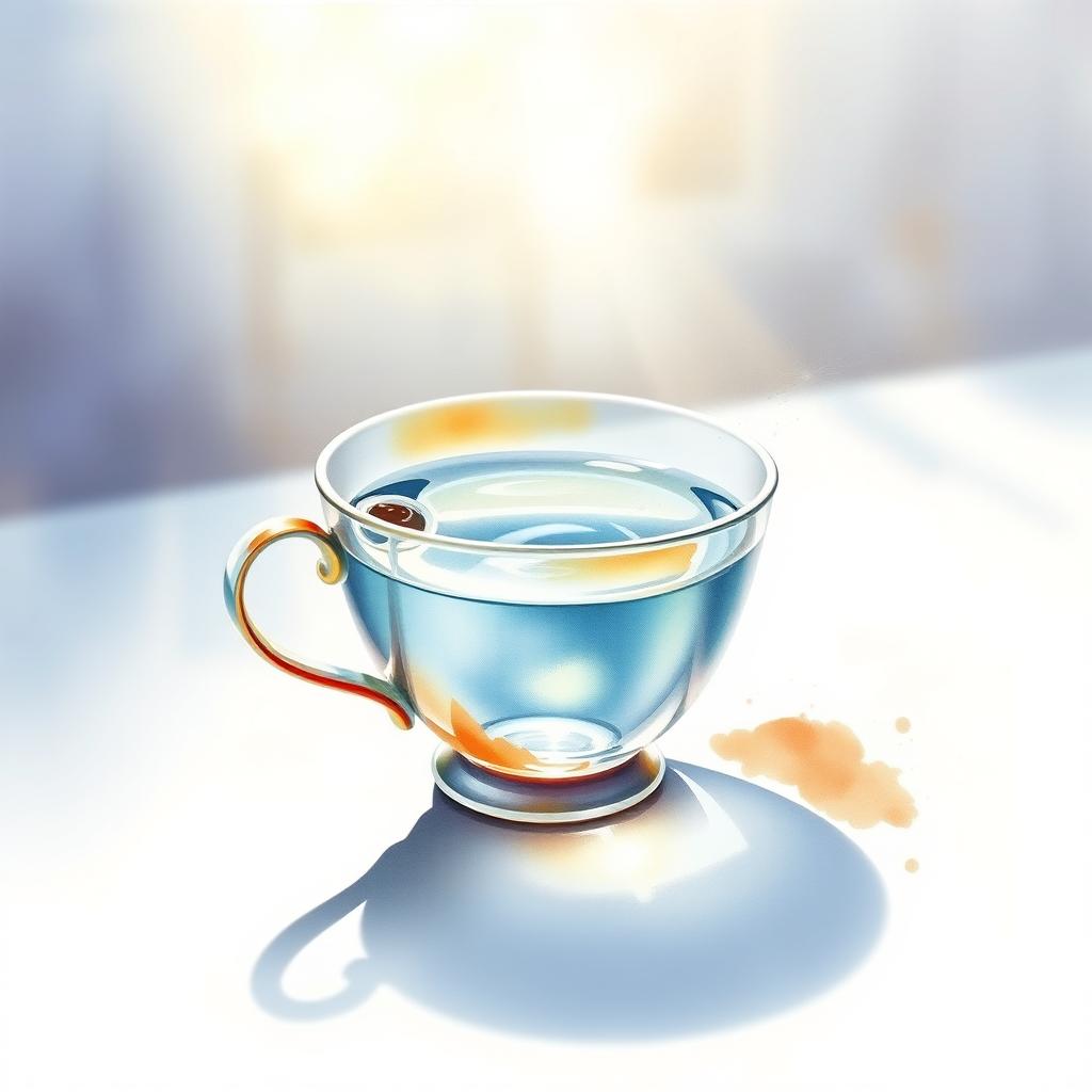 A stunning watercolor painting featuring a single cup filled with water, illuminated by soft sunlight