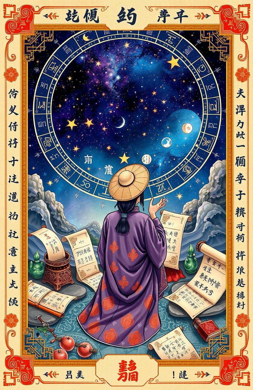 An intricate representation of Zi Wei Dou Shu (Purple Star Astrology) featuring astrological symbols, celestial patterns, and an ancient Chinese aesthetic