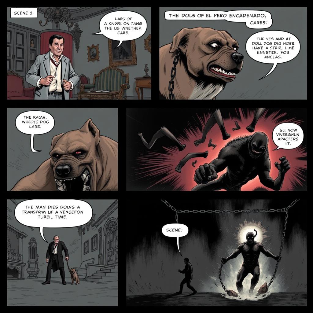 A comic strip illustrating the legend of 'El perro encadenado' from Cuenca, Ecuador