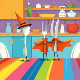 In a whimsical fairytale kitchen, a clever spoon with a tall hat and a brave fork and knife duo, each wearing flowing capes, stand confidently on a colorful rainbow dining table