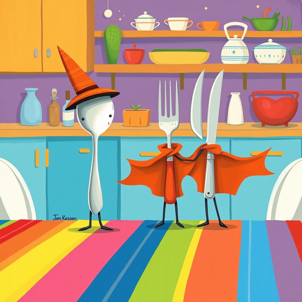 In a whimsical fairytale kitchen, a clever spoon with a tall hat and a brave fork and knife duo, each wearing flowing capes, stand confidently on a colorful rainbow dining table