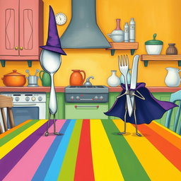 In a whimsical fairytale kitchen, a clever spoon with a tall hat and a brave fork and knife duo, each wearing flowing capes, stand confidently on a colorful rainbow dining table