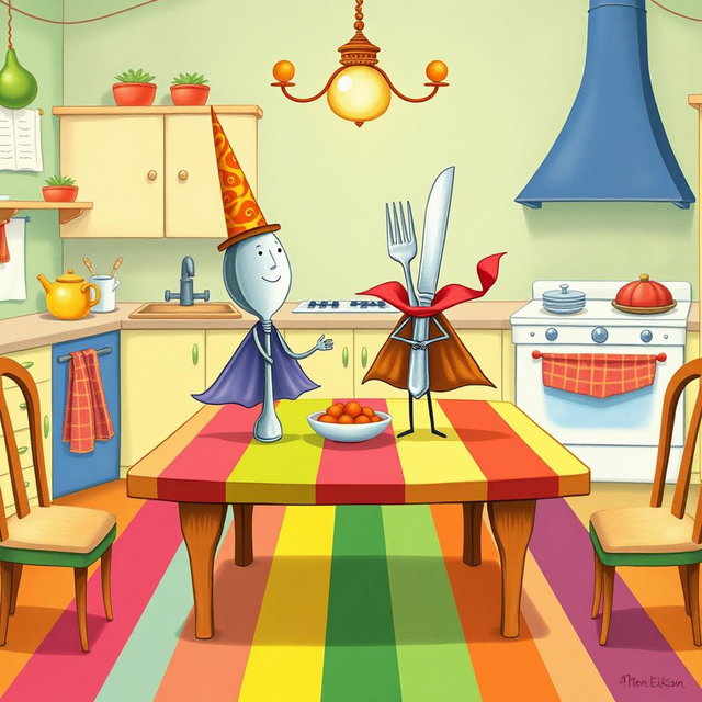 In a whimsical fairytale kitchen, a clever spoon with a tall hat and a brave fork and knife duo, each wearing flowing capes, stand confidently on a colorful rainbow dining table