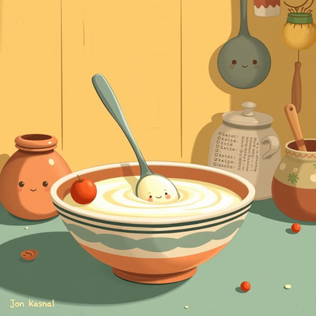 In a magical fairytale kitchen, a charming spoon wearing a tall hat is playfully swimming in a bowl filled with creamy yogurt
