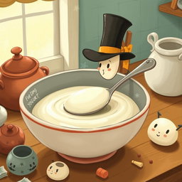 In a magical fairytale kitchen, a charming spoon wearing a tall hat is playfully swimming in a bowl filled with creamy yogurt