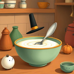 In a magical fairytale kitchen, a charming spoon wearing a tall hat is playfully swimming in a bowl filled with creamy yogurt