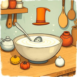In a magical fairytale kitchen, a charming spoon wearing a tall hat is playfully swimming in a bowl filled with creamy yogurt