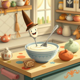 In a whimsical fairytale kitchen, a delightful spoon wearing a tall hat is joyfully swimming in a bowl filled with creamy yogurt