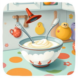In a whimsical fairytale kitchen, a delightful spoon wearing a tall hat is joyfully swimming in a bowl filled with creamy yogurt