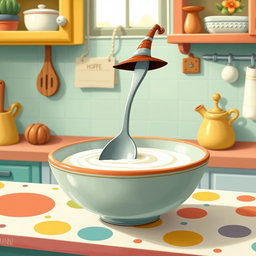 In a whimsical fairytale kitchen, a delightful spoon wearing a tall hat is joyfully swimming in a bowl filled with creamy yogurt