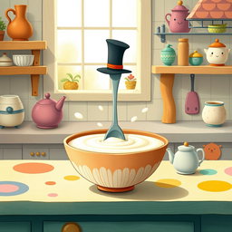 In a whimsical fairytale kitchen, a delightful spoon wearing a tall hat is joyfully swimming in a bowl filled with creamy yogurt