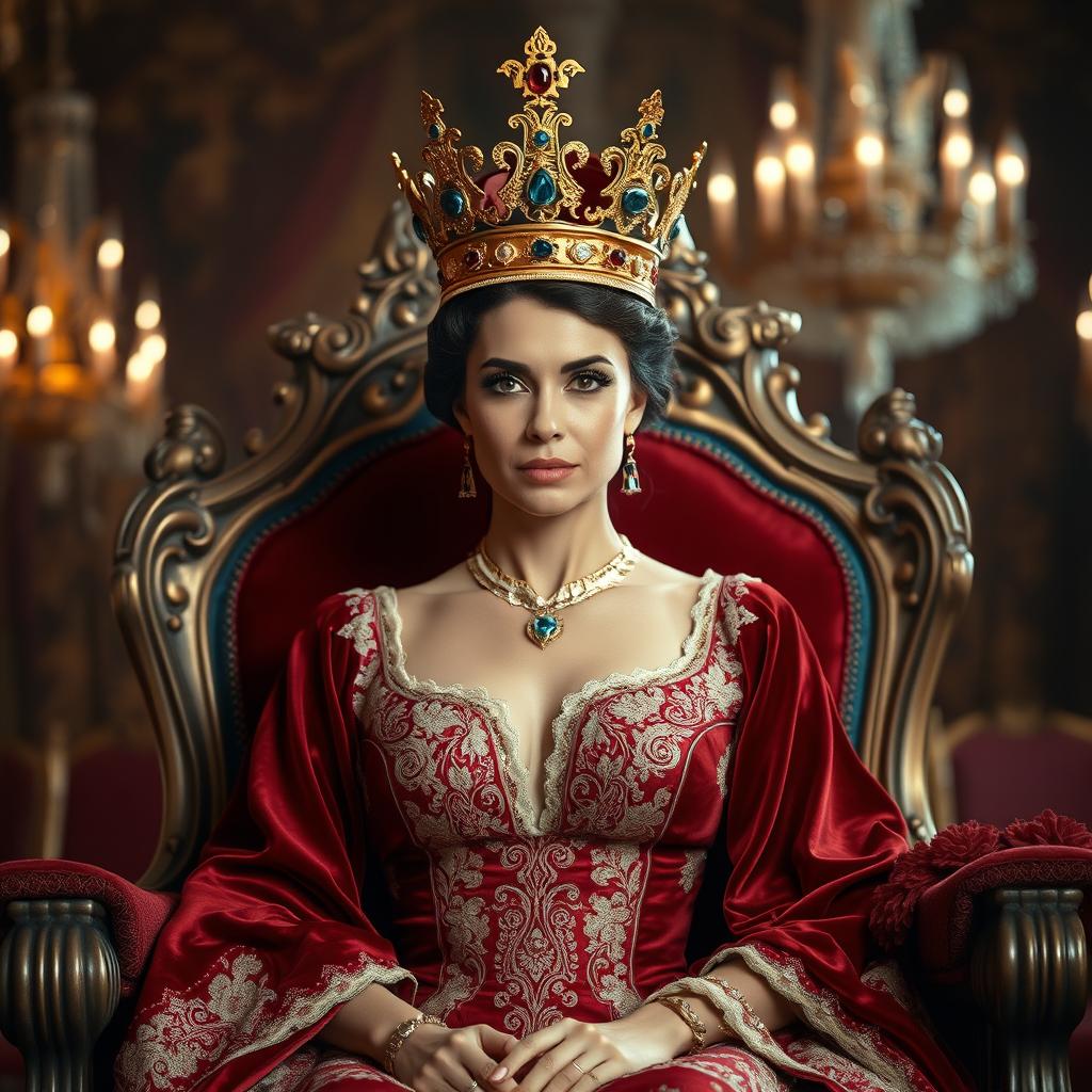 A regal queen seated on a luxurious throne, adorned with a magnificent golden crown studded with sapphires and rubies