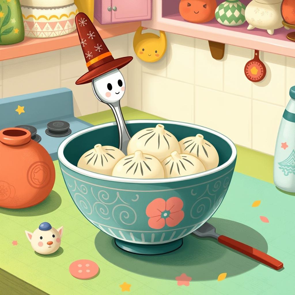 In a whimsical fairytale kitchen, a delightful spoon wearing a tall hat is nestled inside a bowl filled with several round dumplings (汤圆)