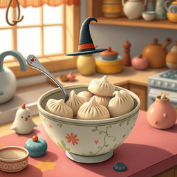 In a whimsical fairytale kitchen, a delightful spoon wearing a tall hat is nestled inside a bowl filled with several round dumplings (汤圆)