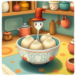 In a whimsical fairytale kitchen, a delightful spoon wearing a tall hat is nestled inside a bowl filled with several round dumplings (汤圆)