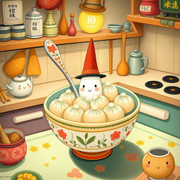 In a whimsical fairytale kitchen, a delightful spoon wearing a tall hat is nestled inside a bowl filled with several round dumplings (汤圆)