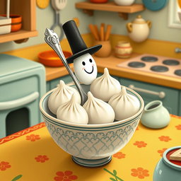 In a whimsical fairytale kitchen, a charming spoon wearing a tall hat is nestled inside a bowl filled with several white glutinous rice dumplings (水磨汤圆)