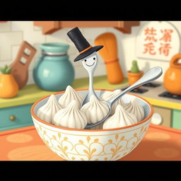 In a whimsical fairytale kitchen, a charming spoon wearing a tall hat is nestled inside a bowl filled with several white glutinous rice dumplings (水磨汤圆)