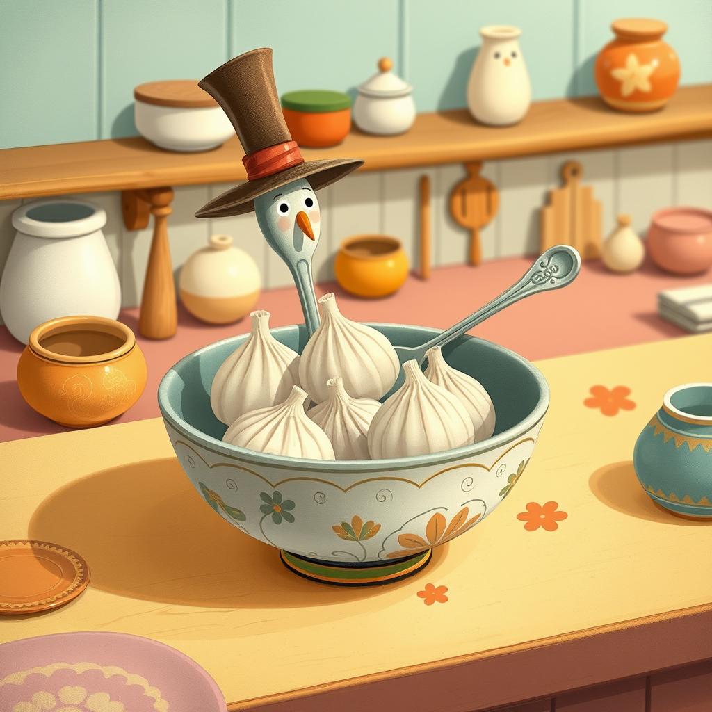 In a whimsical fairytale kitchen, a charming spoon wearing a tall hat is nestled inside a bowl filled with several white glutinous rice dumplings (水磨汤圆)