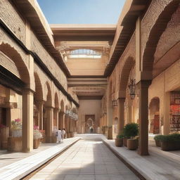 Architectural design of a traditional souq with a central axis. The souq features regional architecture, bustling vendors, and an intricate pathway lined with vibrant stalls.