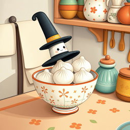 In a whimsical fairytale kitchen, a charming spoon wearing a tall hat is nestled inside a bowl filled with several white glutinous rice dumplings (水磨汤圆)