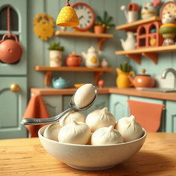 In a whimsical fairy tale kitchen, a cute spoon is playfully sitting in a bowl filled with several fluffy white dumplings