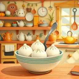 In a whimsical fairy tale kitchen, a cute spoon is playfully sitting in a bowl filled with several fluffy white dumplings
