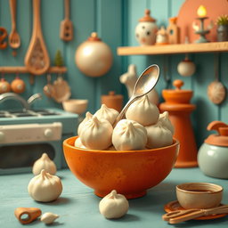 In a whimsical fairy tale kitchen, a cute spoon is playfully sitting in a bowl filled with several fluffy white dumplings