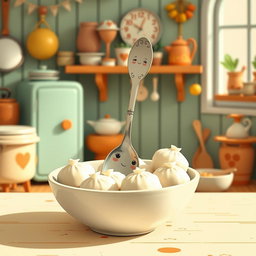 In a whimsical fairy tale kitchen, a cute spoon is playfully sitting in a bowl filled with several fluffy white dumplings